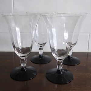 Vintage Art Deco style optic tulip glasses with black foot set of 4
